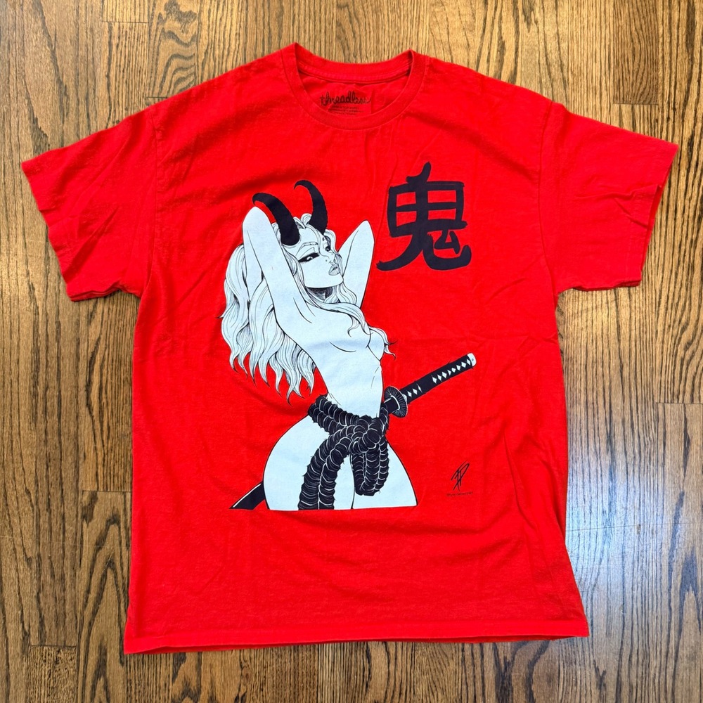 Threadless Tyler Deberry Oni Demon Katana Graphic T-Shirt Large Red